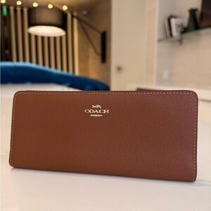 Coach Slim Wallet C3440 Redwood Crossgrain Leather Long Wallet Card Case Brown